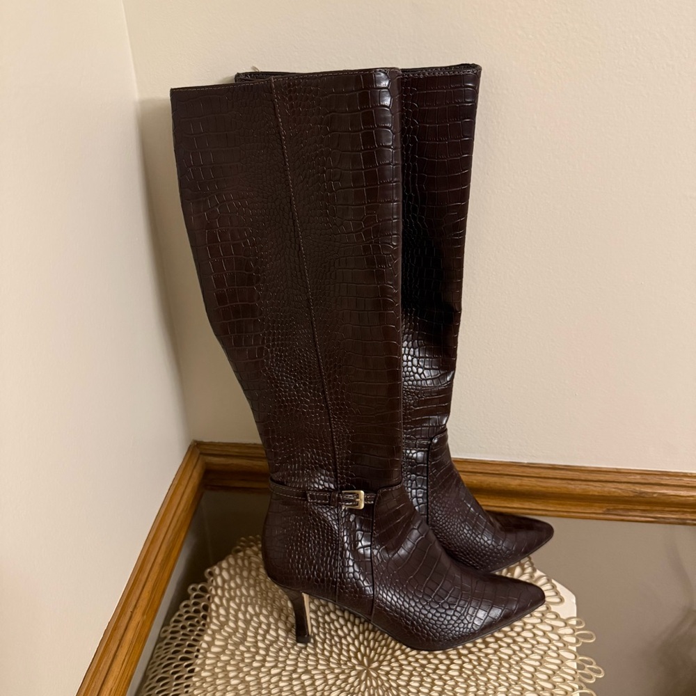 Charles David Chocolate Crocodile Heeled Boots